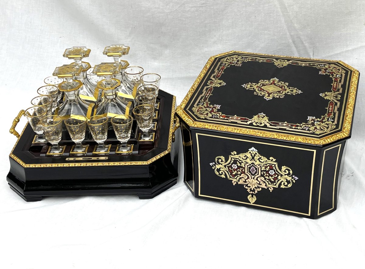 Large Baccarat Napoleon 3 Bronze Boulle Marquetry Liqueur Cellar-photo-2