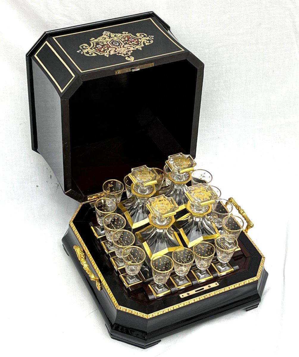 Large Baccarat Napoleon 3 Bronze Boulle Marquetry Liqueur Cellar-photo-1