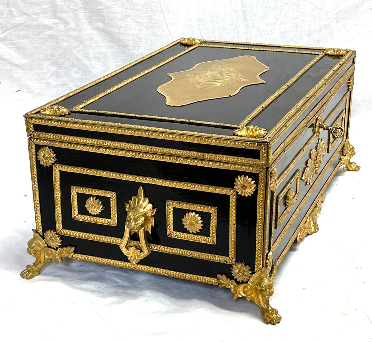Grand coffret de voyage Boulle bronze Napoléon 3-photo-3