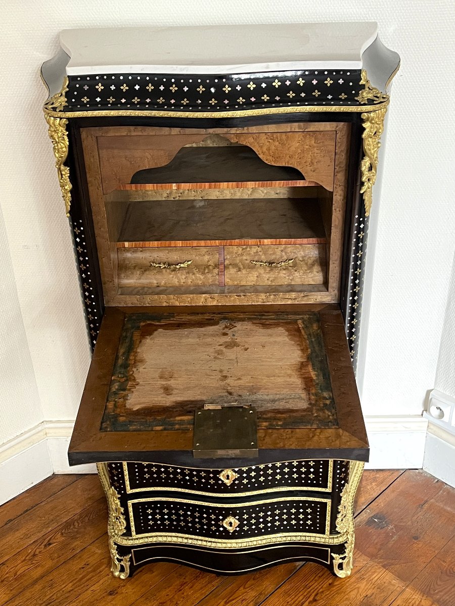 Ladies' Secretary Desk With A Boulle-style Marquetry Panel And A "reine" Bronze Napoleon III-style Finial-photo-2