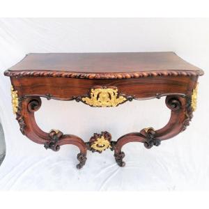 Console 2 Legs In Rosewood & Gilt Bronze Louis XV Period