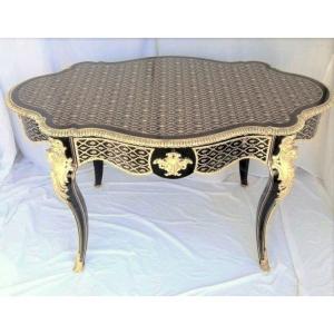 Violinated Middle Table In Boulle Fishnet Marquetry & Napoleon Bronze Napoleon III