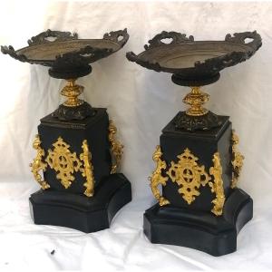 Large Pair Of Bronze Mantel Clock Cassolettes, Napoleon III Period