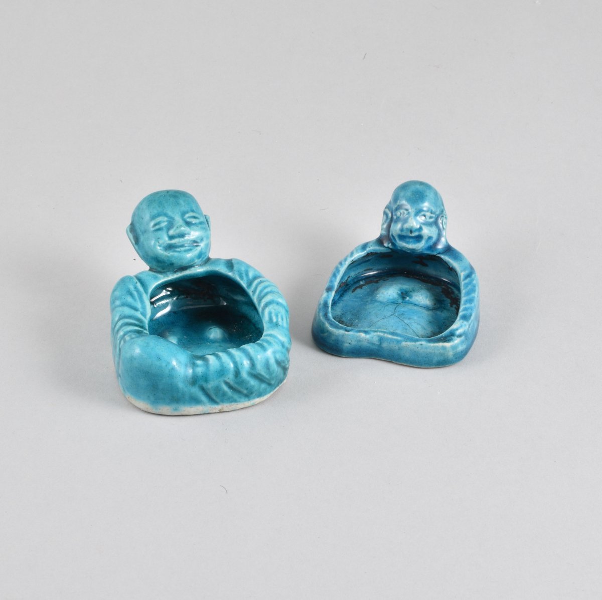 Two Biscuit-porcelain Turquoise Glaze Brush-washers Modelled As Budai. Kangxi Period