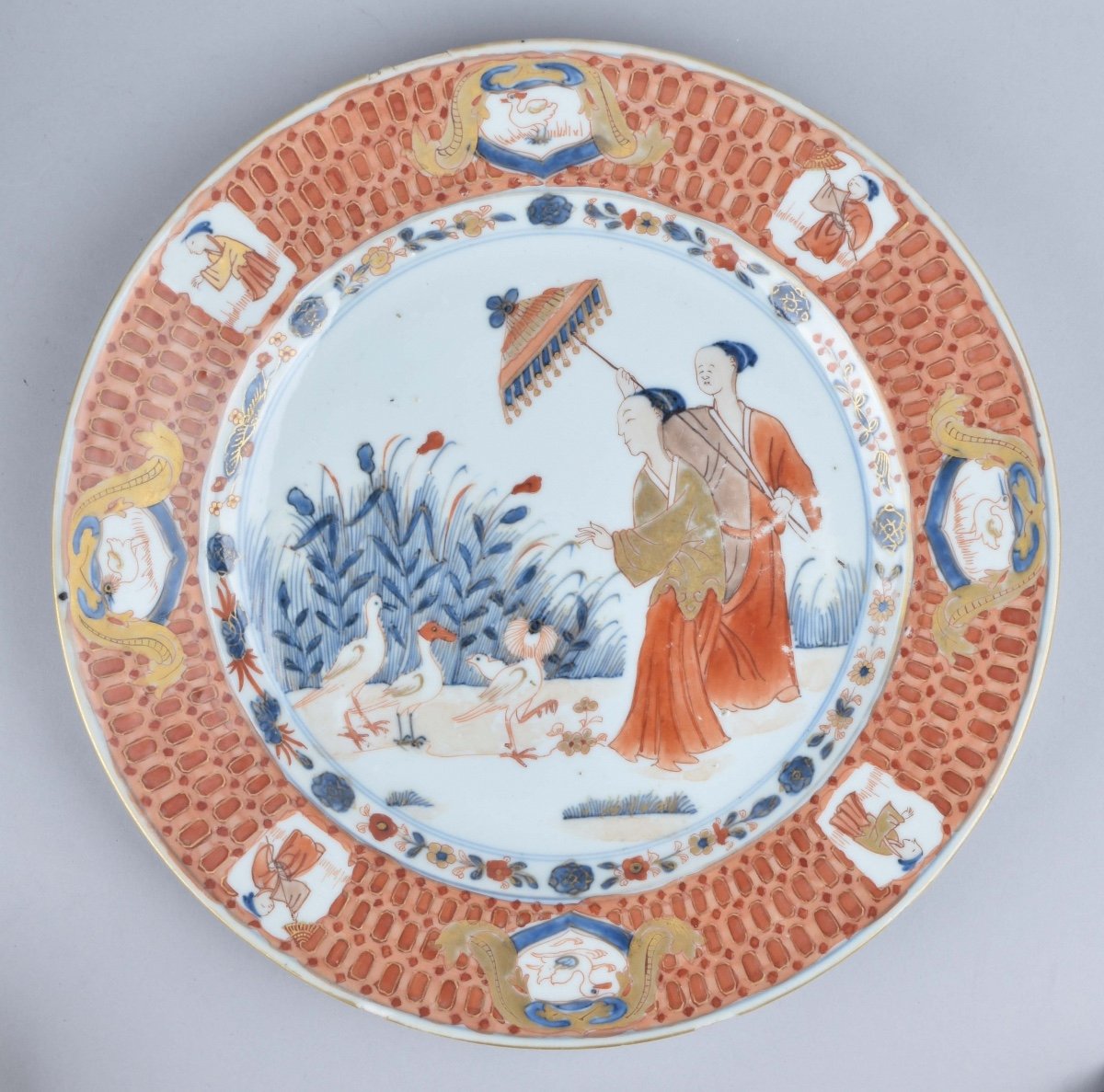 A Large Chinese Imari “la Dame Au Parasol” Dish After A Design Of Pronk. Qianlong Period