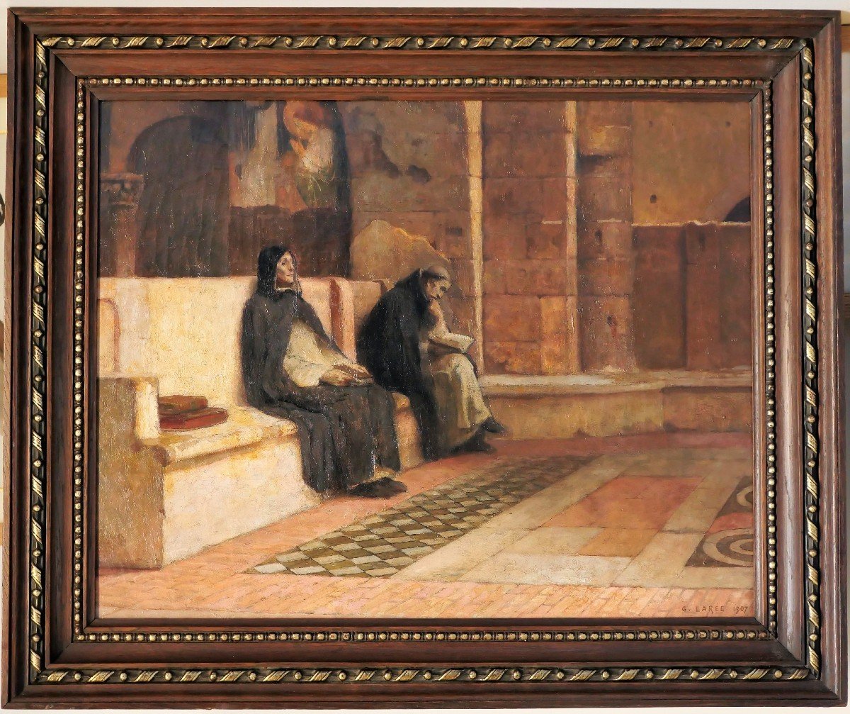 Gustave Larée 1867-1940 Moines en méditation, grand tableau, 1907-photo-2
