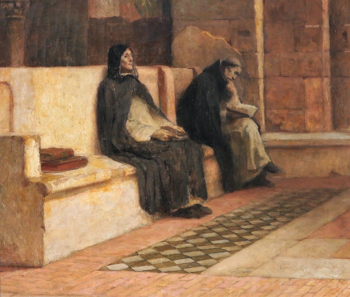 Gustave Larée 1867-1940 Moines en méditation, grand tableau, 1907-photo-1
