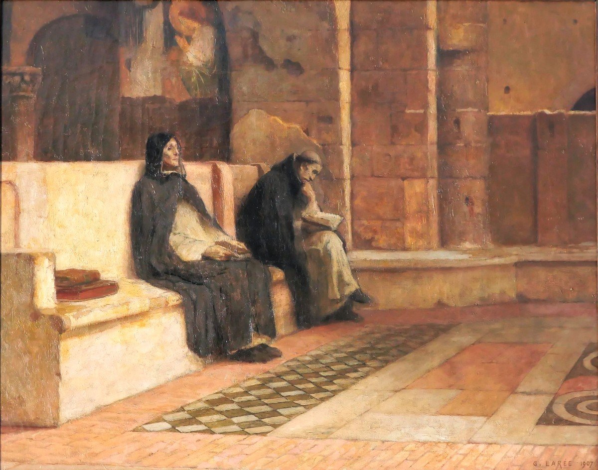 Gustave Larée 1867-1940 Moines en méditation, grand tableau, 1907