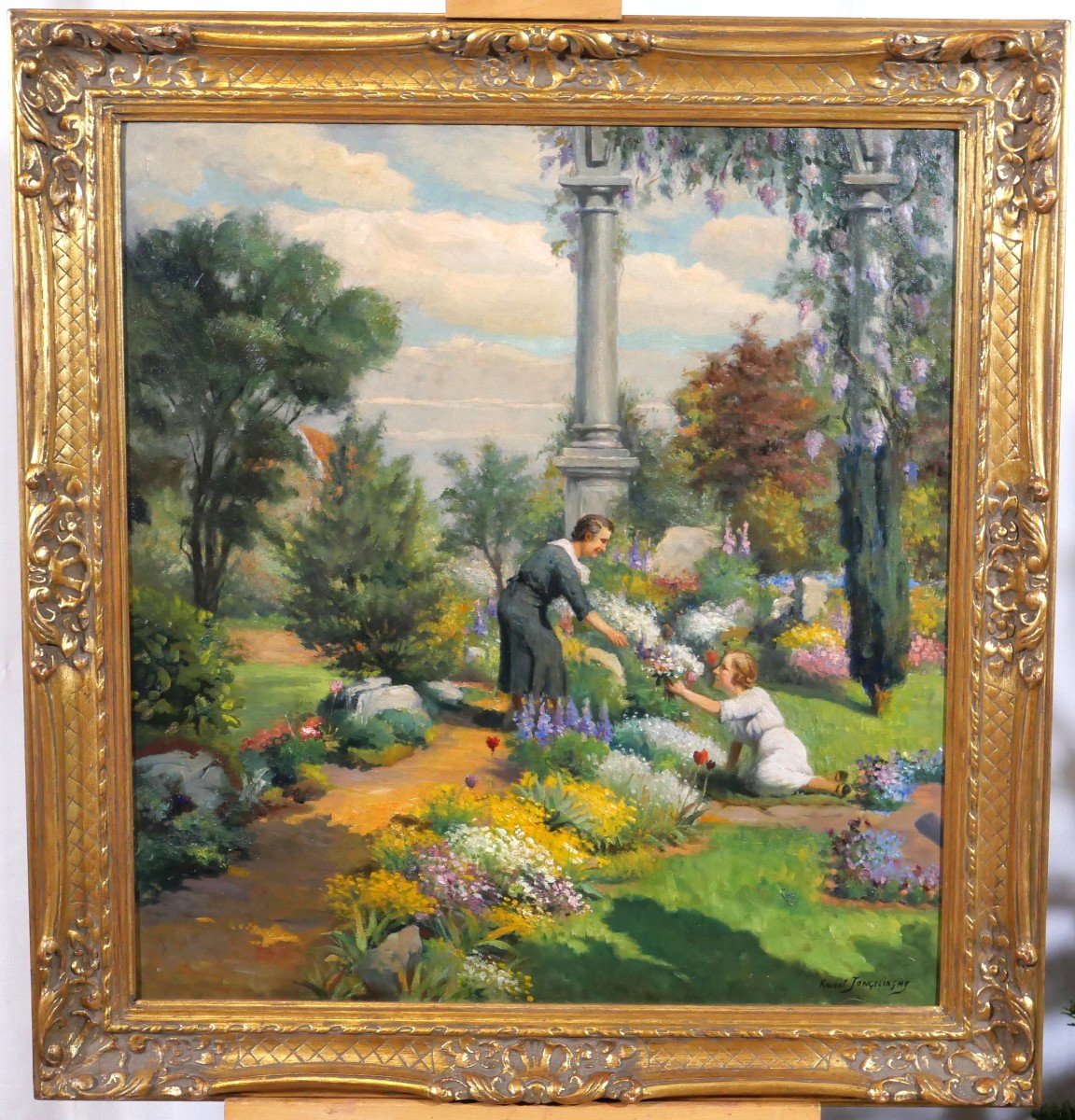 Karel JONGELINGHS 1871-1948 Femmes dans le jardin cueillant des fleurs, tableau, vers 1920-30-photo-2