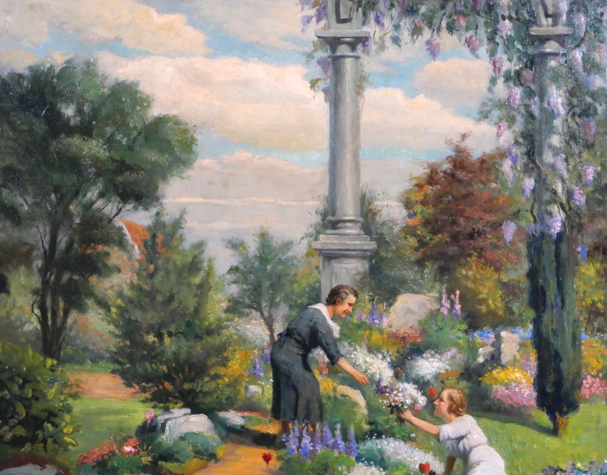 Karel JONGELINGHS 1871-1948 Femmes dans le jardin cueillant des fleurs, tableau, vers 1920-30-photo-3