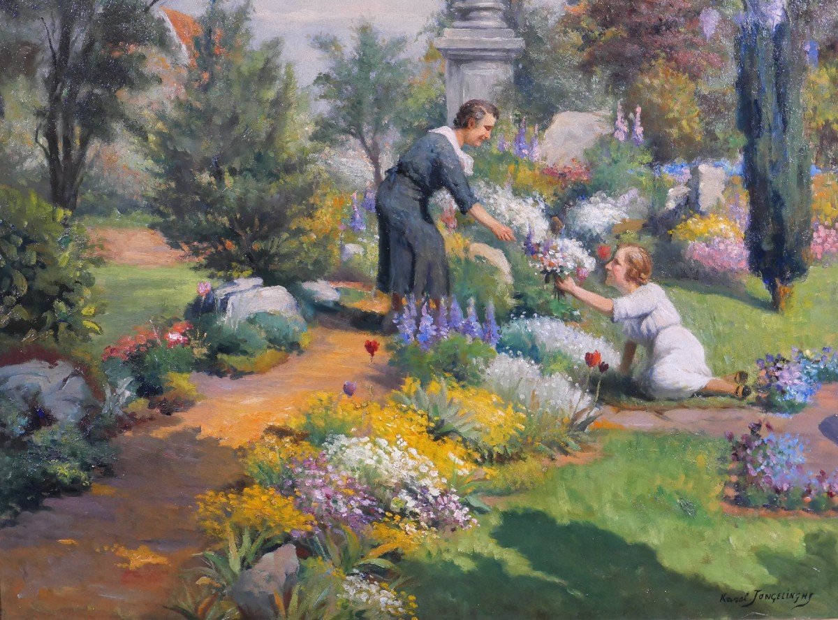 Karel JONGELINGHS 1871-1948 Femmes dans le jardin cueillant des fleurs, tableau, vers 1920-30-photo-4