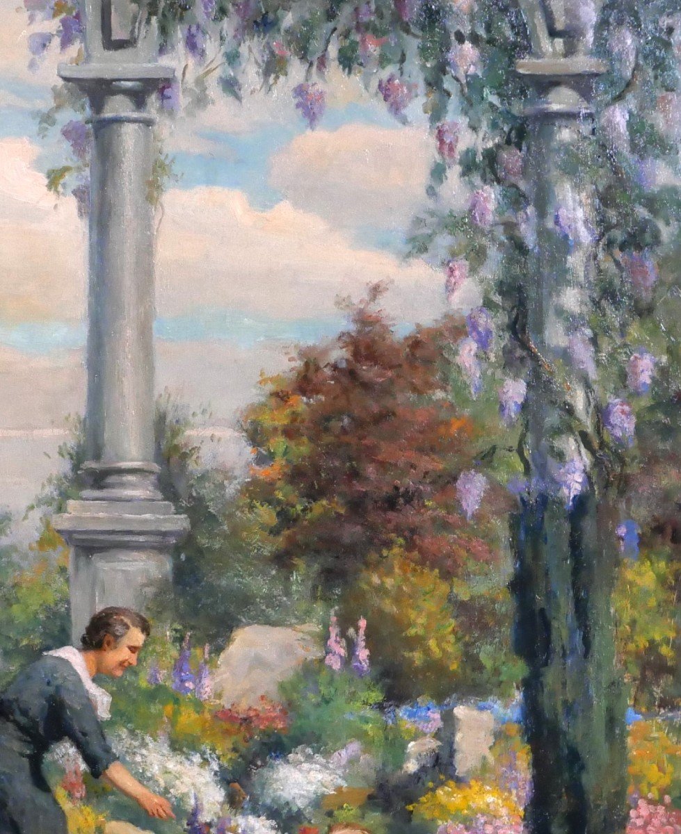 Karel JONGELINGHS 1871-1948 Femmes dans le jardin cueillant des fleurs, tableau, vers 1920-30-photo-2