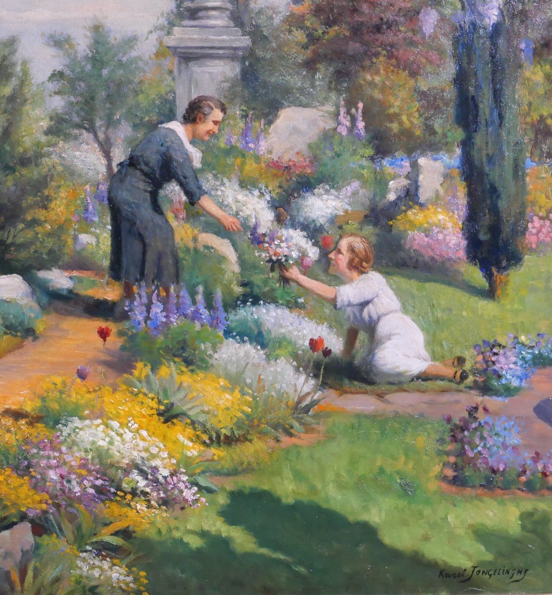 Karel JONGELINGHS 1871-1948 Femmes dans le jardin cueillant des fleurs, tableau, vers 1920-30-photo-3