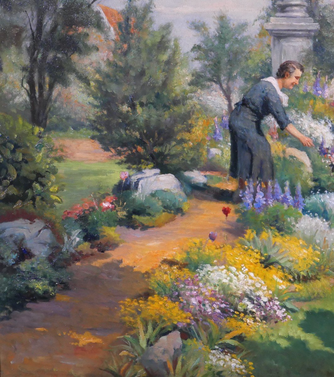 Karel JONGELINGHS 1871-1948 Femmes dans le jardin cueillant des fleurs, tableau, vers 1920-30-photo-4