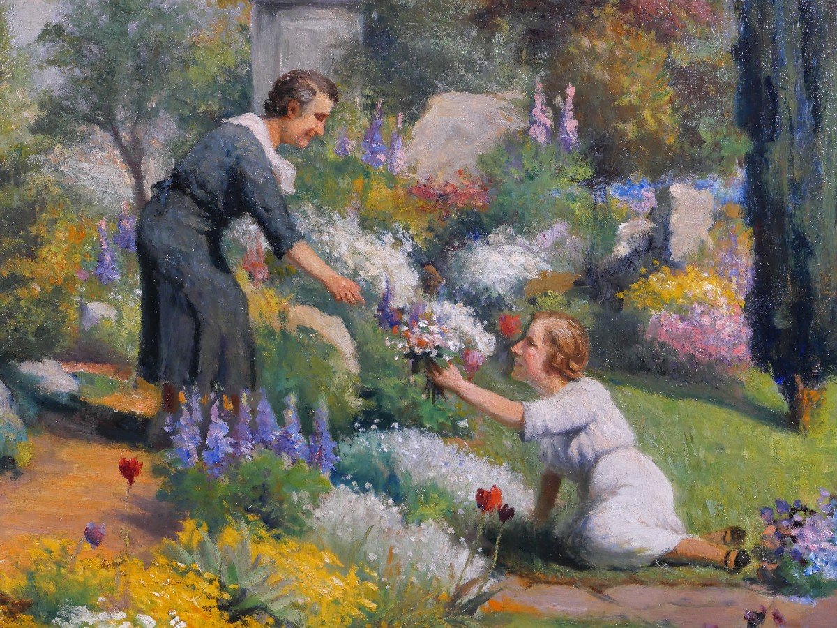 Karel JONGELINGHS 1871-1948 Femmes dans le jardin cueillant des fleurs, tableau, vers 1920-30-photo-5