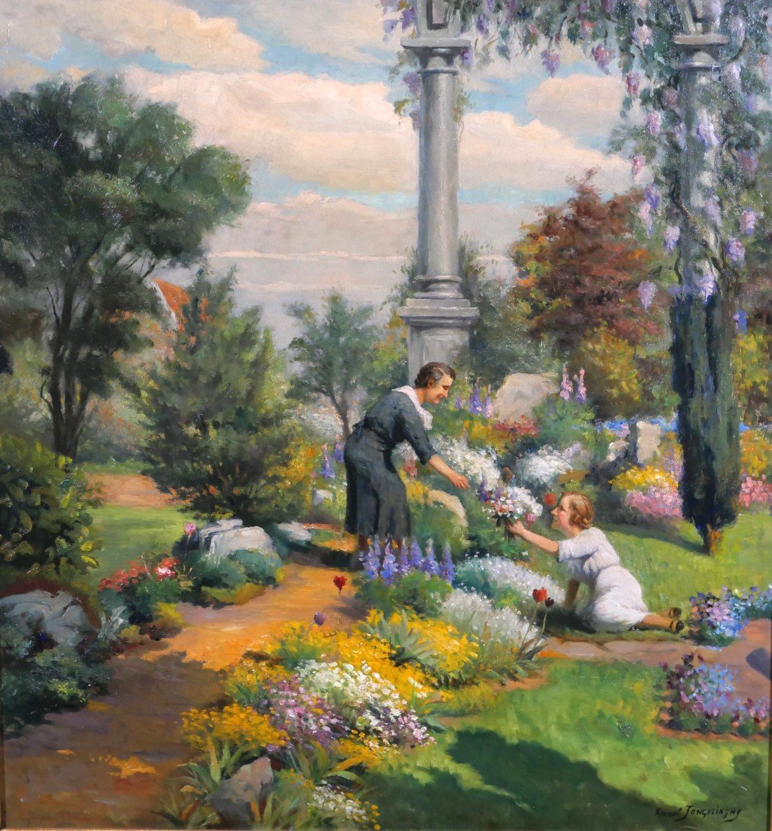 Karel JONGELINGHS 1871-1948 Femmes dans le jardin cueillant des fleurs, tableau, vers 1920-30