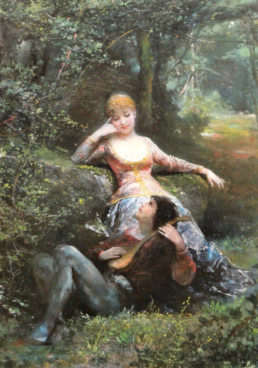 Pierre Marie Beyle (1838-1902), Att. à, Gallant Scene In The Forest, Painting, Circa 1870