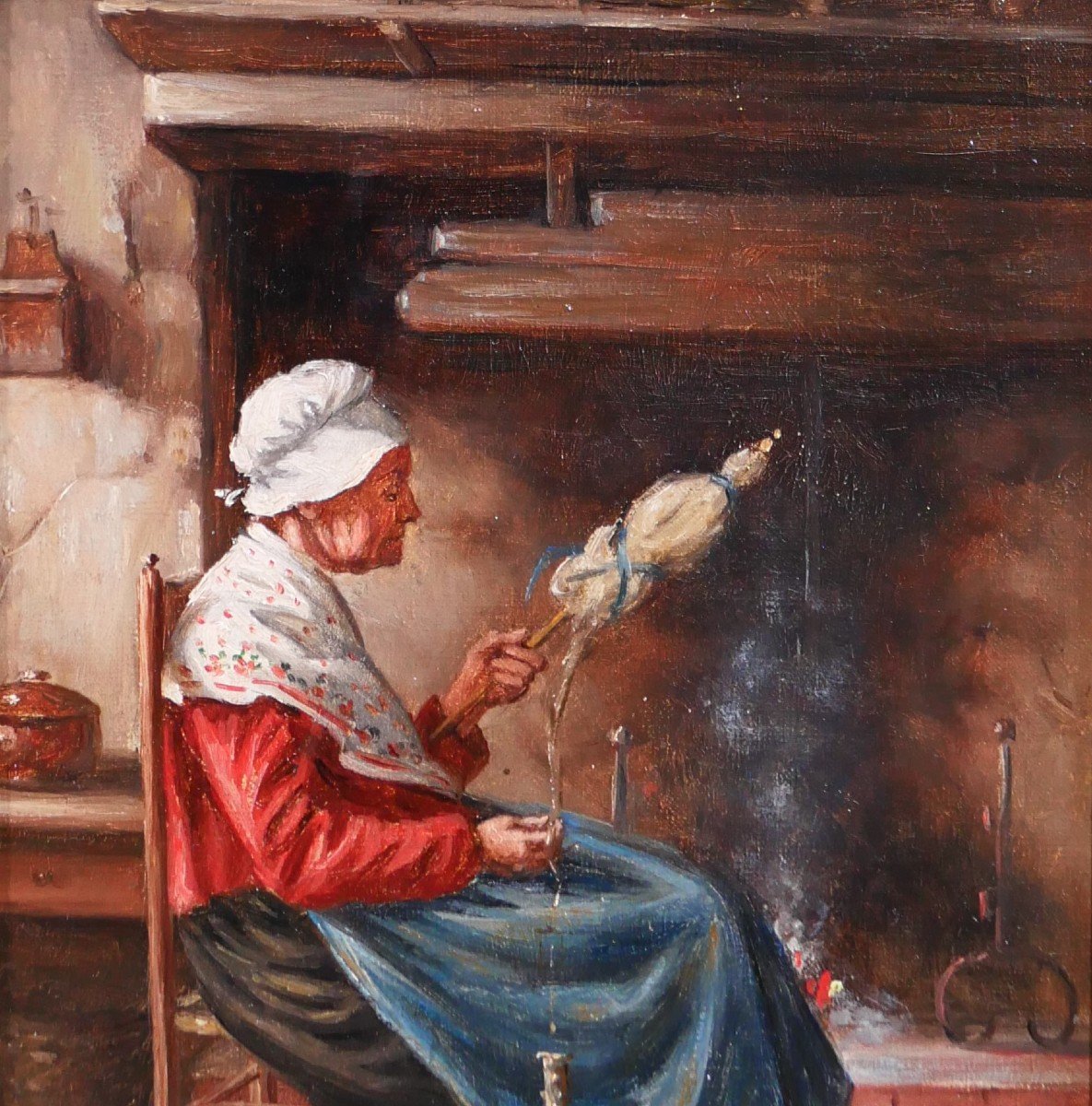 Philippe GRONDARD (1862-1928) Femme filant la laine avec son écheveau, tableau, vers 1890-photo-3