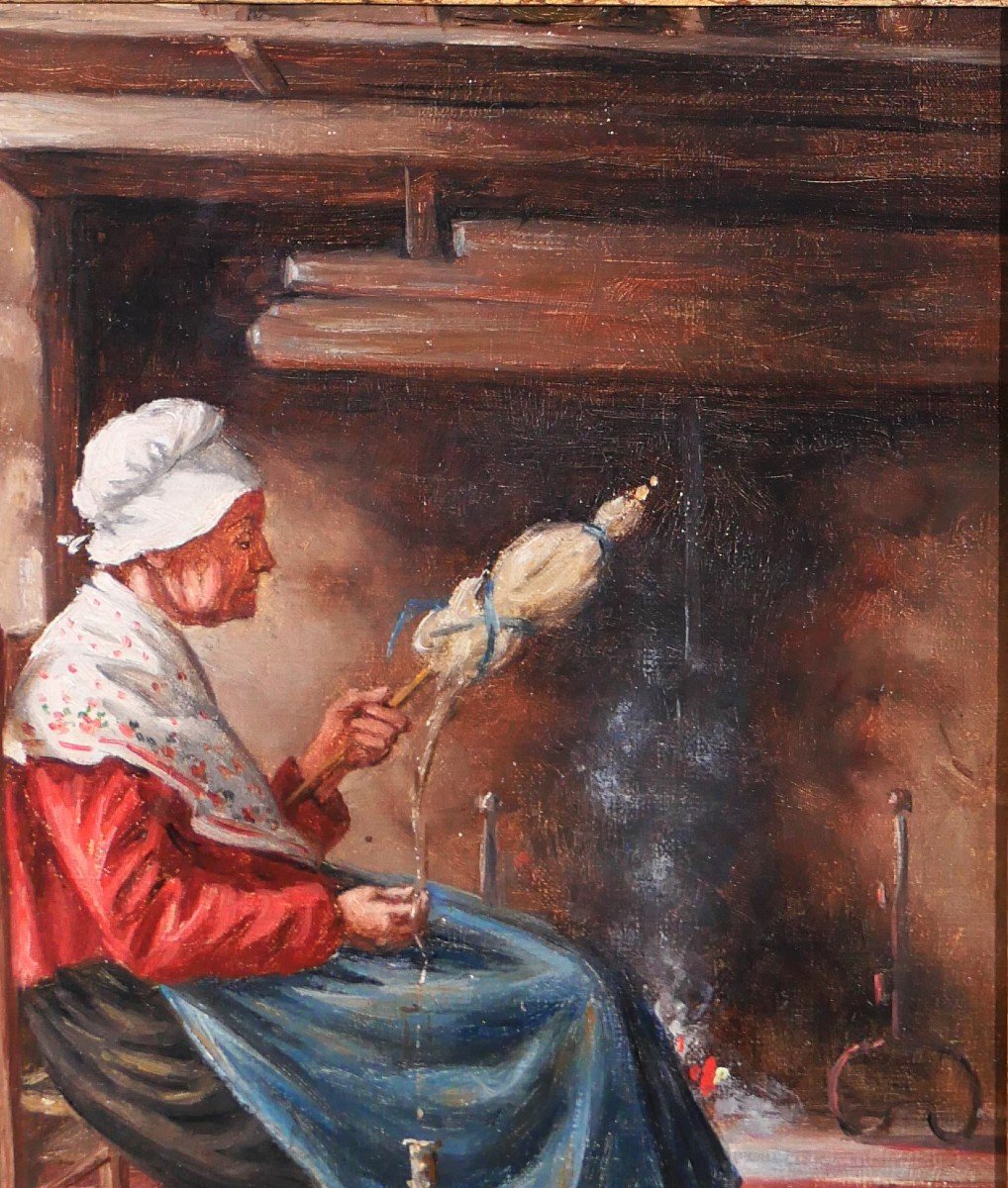 Philippe GRONDARD (1862-1928) Femme filant la laine avec son écheveau, tableau, vers 1890-photo-2