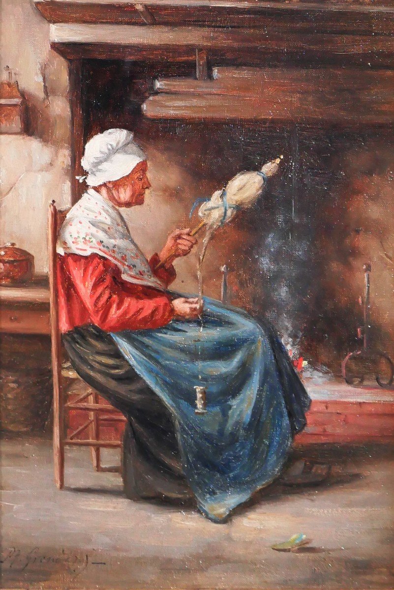Philippe GRONDARD (1862-1928) Femme filant la laine avec son écheveau, tableau, vers 1890