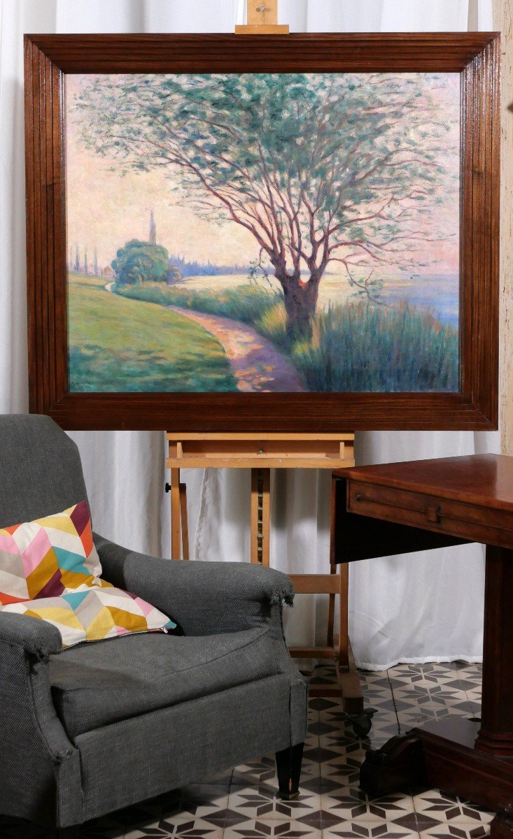 Jean Lubet 19-20th Landscape With Tree, Large Painting, 1908-photo-2