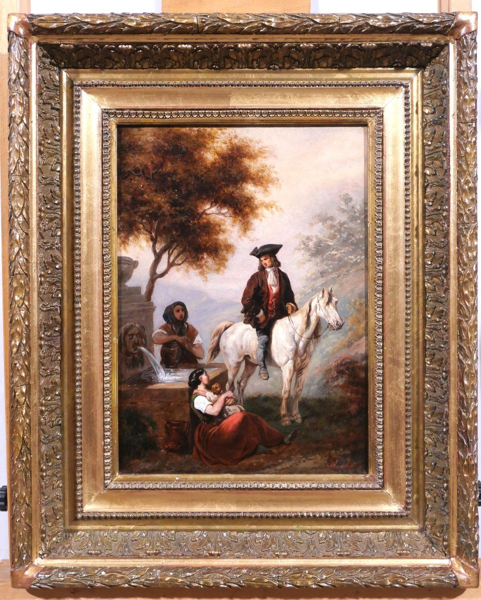 Clément Pruche 1811-1890 Landscape With Horseman And Two Women At The Fountain, Painting-photo-2