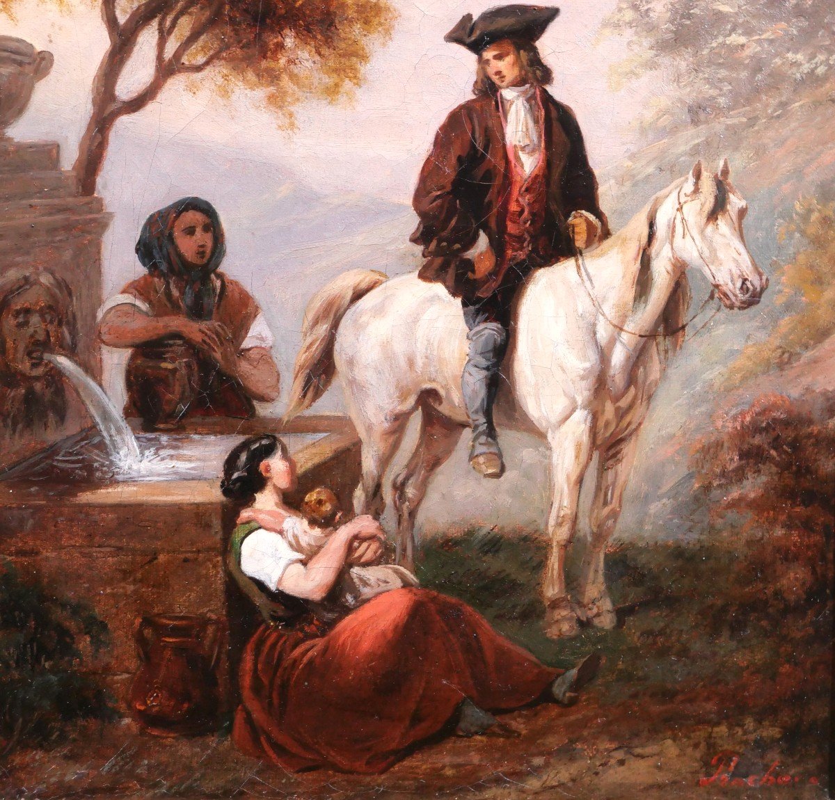 Clément Pruche 1811-1890 Landscape With Horseman And Two Women At The Fountain, Painting-photo-4