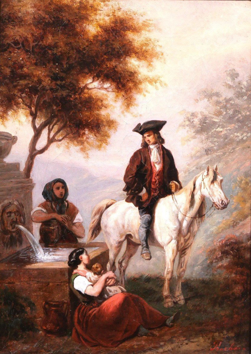Clément PRUCHE 1811-1890 Paysage au cavalier et aux deux femmes à la fontaine, tableau