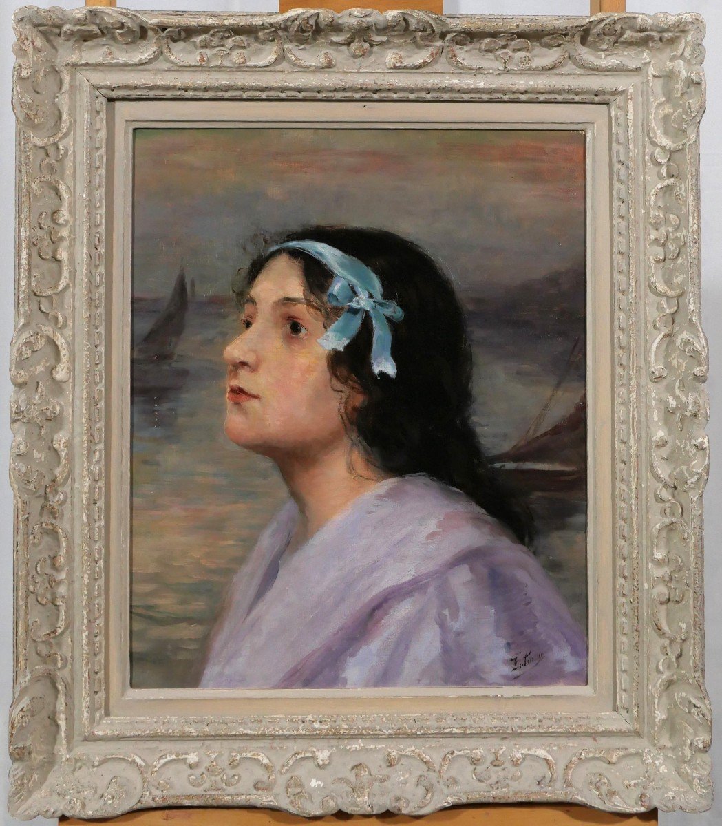 Félix Joseph Pinson (att. To) 19th Portrait Of A Woman With A Blue Ribbon, Painting, Circa 1900-photo-2