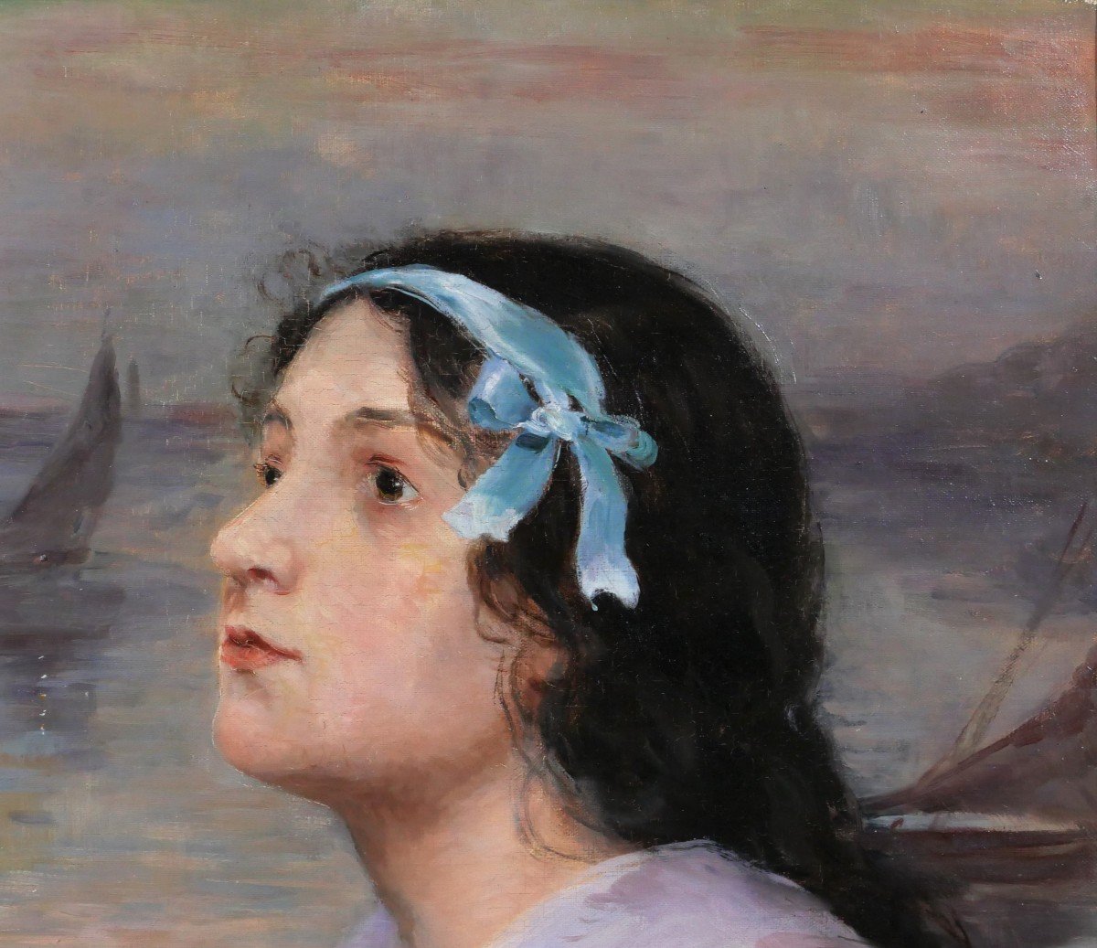 Félix Joseph Pinson (att. To) 19th Portrait Of A Woman With A Blue Ribbon, Painting, Circa 1900-photo-3