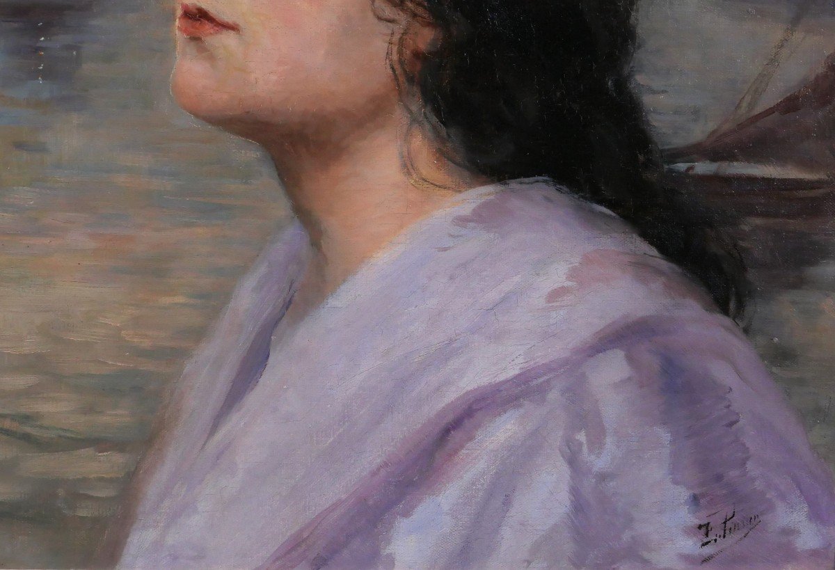 Félix Joseph Pinson (att. To) 19th Portrait Of A Woman With A Blue Ribbon, Painting, Circa 1900-photo-4