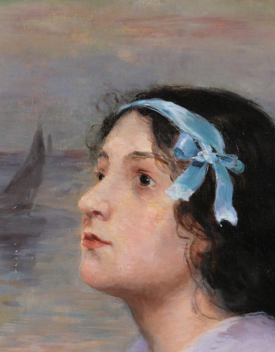 Félix Joseph Pinson (att. To) 19th Portrait Of A Woman With A Blue Ribbon, Painting, Circa 1900-photo-1