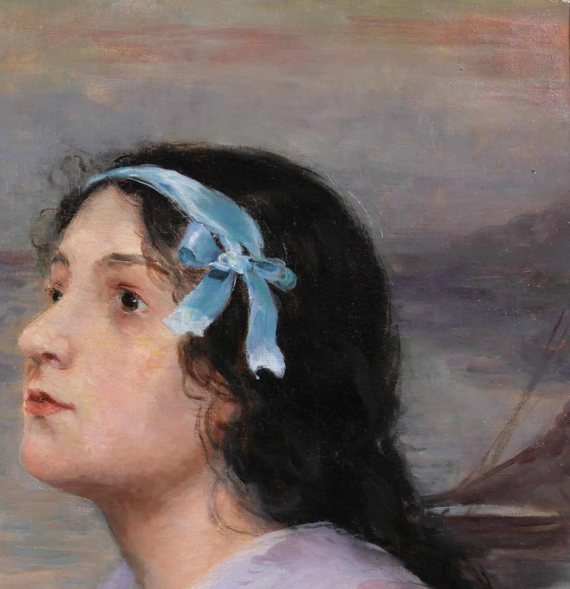 Félix Joseph Pinson (att. To) 19th Portrait Of A Woman With A Blue Ribbon, Painting, Circa 1900-photo-2