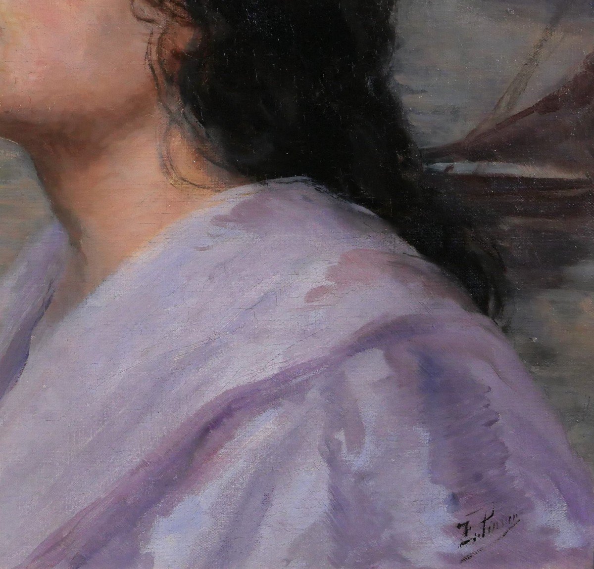 Félix Joseph Pinson (att. To) 19th Portrait Of A Woman With A Blue Ribbon, Painting, Circa 1900-photo-3