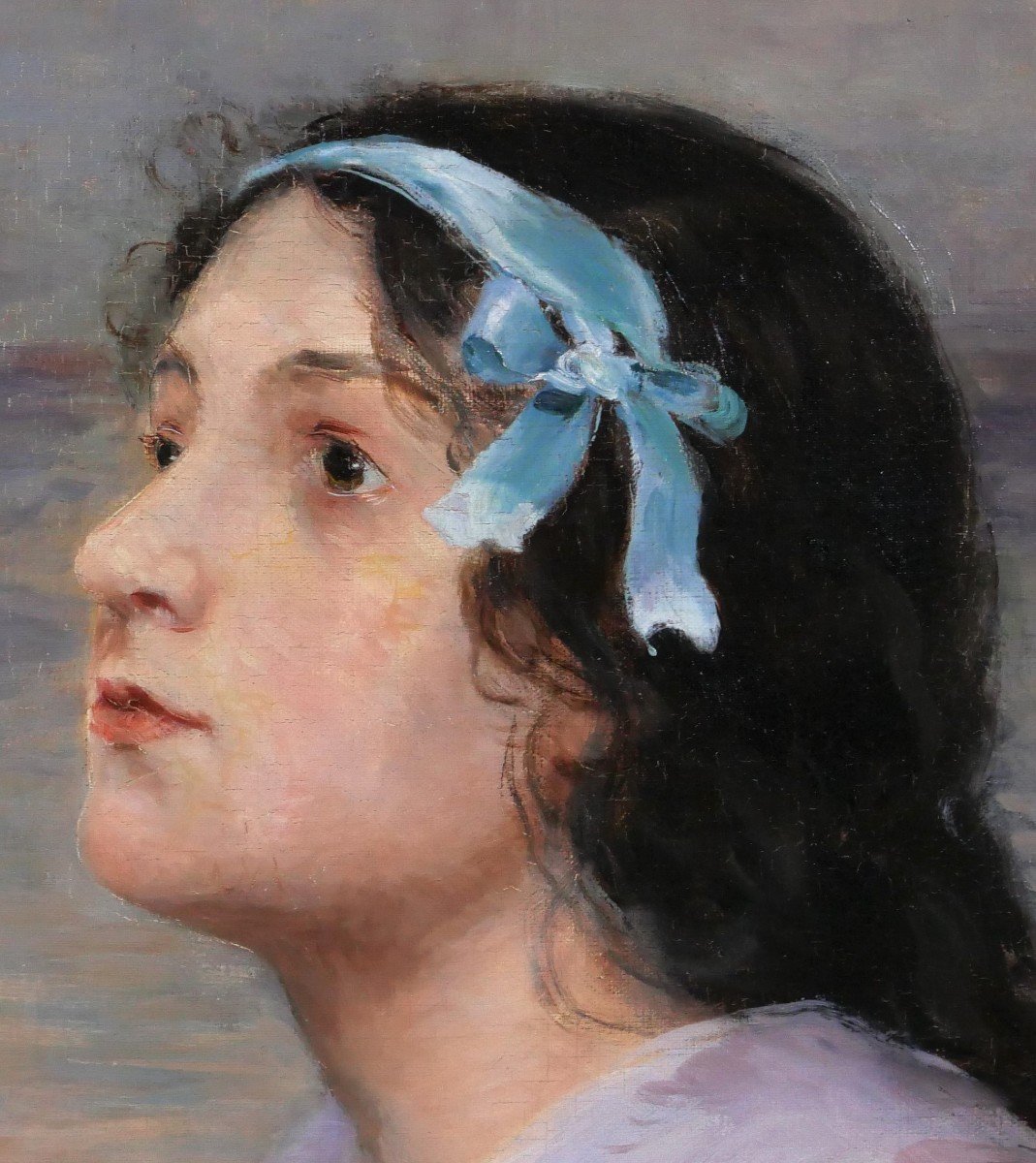 Félix Joseph Pinson (att. To) 19th Portrait Of A Woman With A Blue Ribbon, Painting, Circa 1900-photo-5