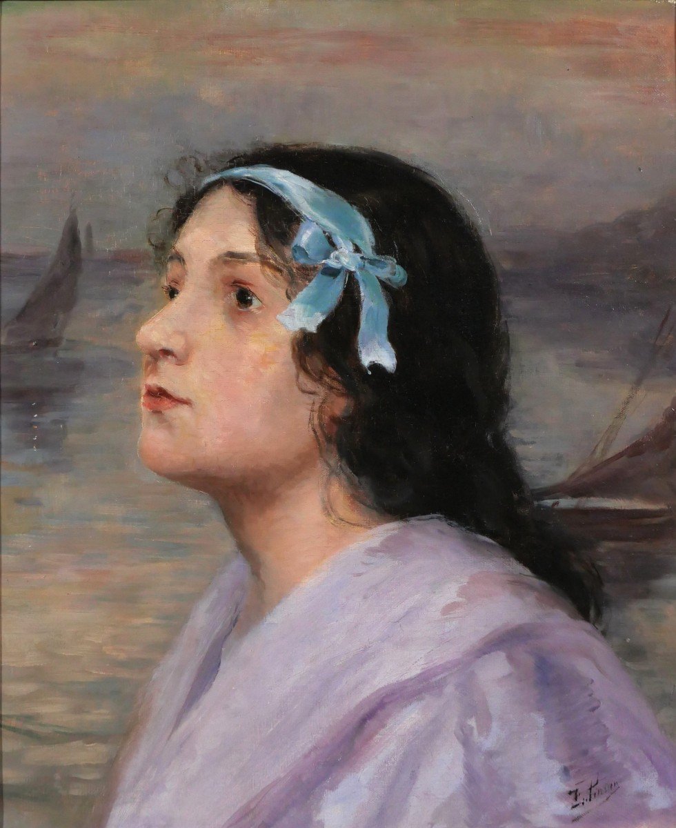 Félix Joseph Pinson (att. To) 19th Portrait Of A Woman With A Blue Ribbon, Painting, Circa 1900