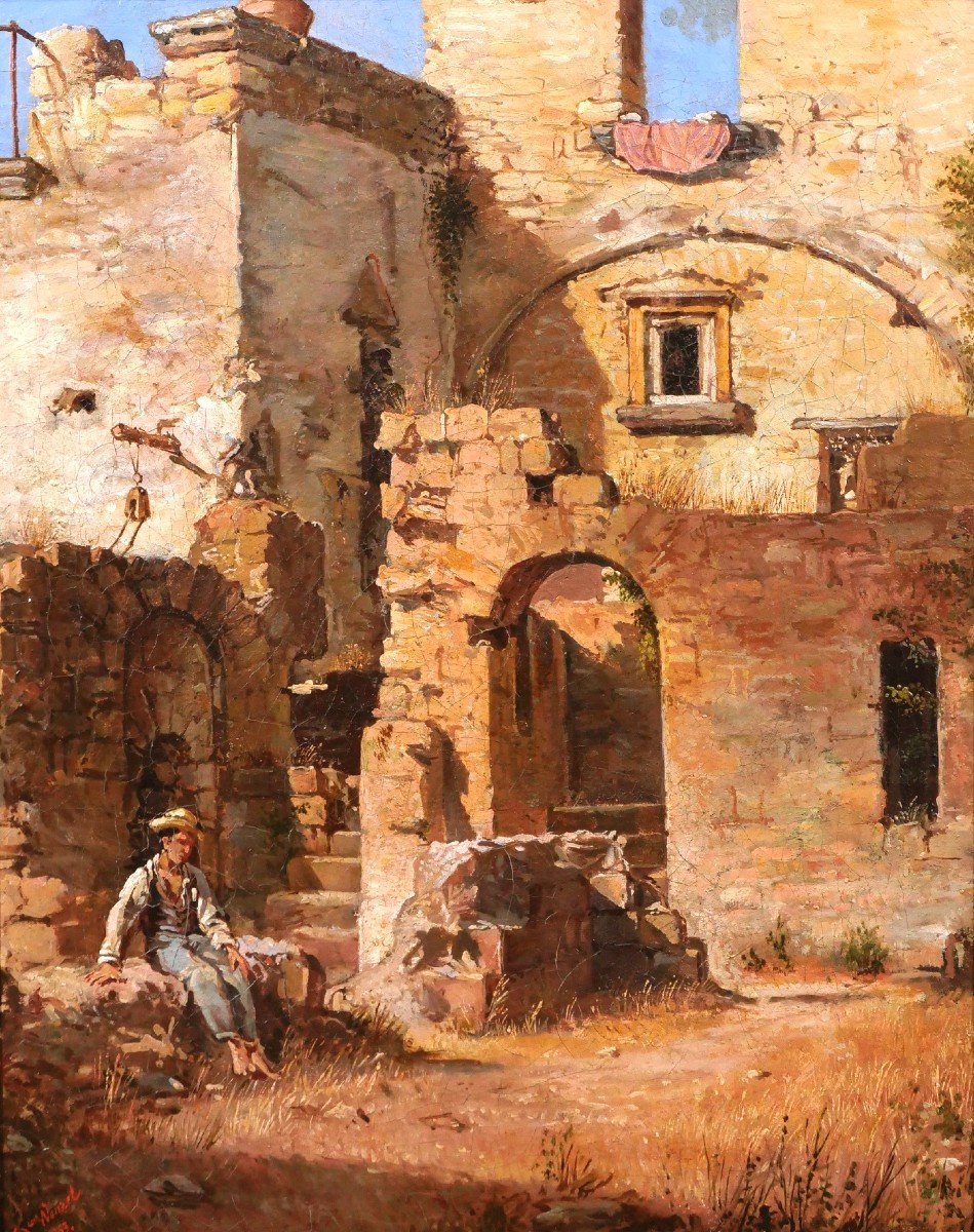 Federico WENZEL, Italie, jeune homme dans les ruines, tableau, 1863
