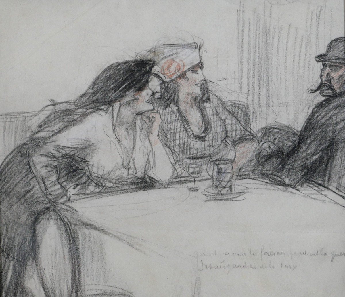 Julien Jacques Leclerc 1885-1972 Man And Women Discussing, Humoristic Drawing On The War-photo-3