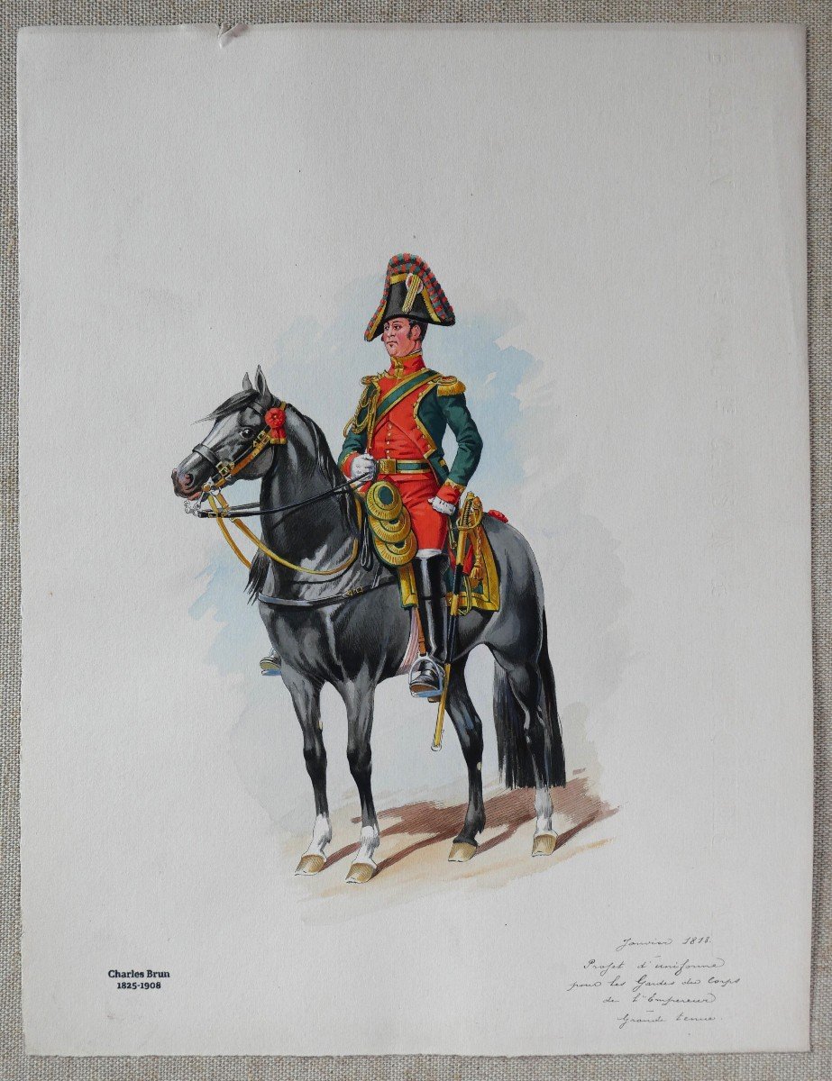 Charles Brun 1825-1908 Uniform Of The Emperor Napoleon's Bodyguards, Drawing, Horse-photo-2
