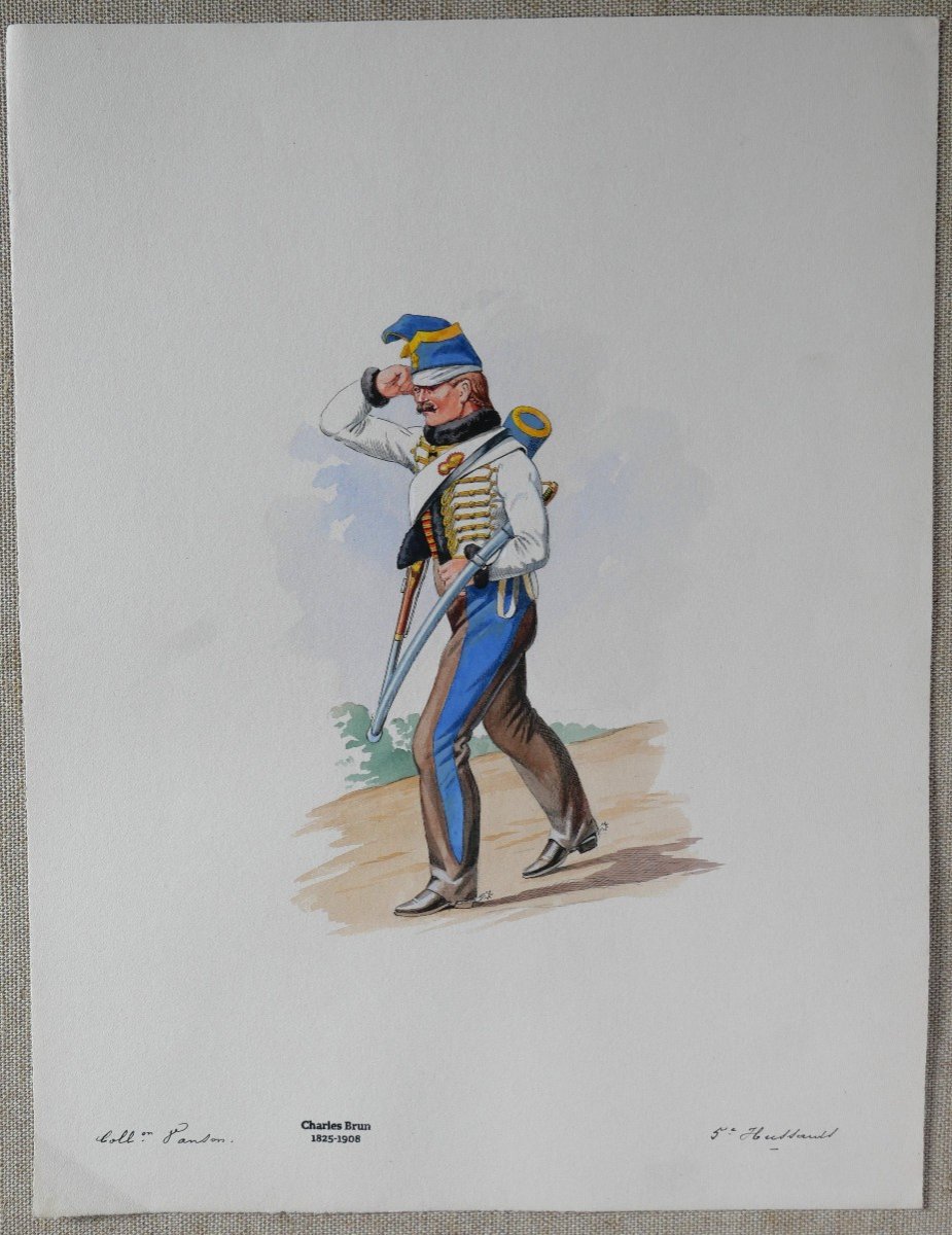 Charles Brun 1825-1908 Soldier In Uniform Of The 5th Hussars, Drawing, Napoleon, Empire-photo-2