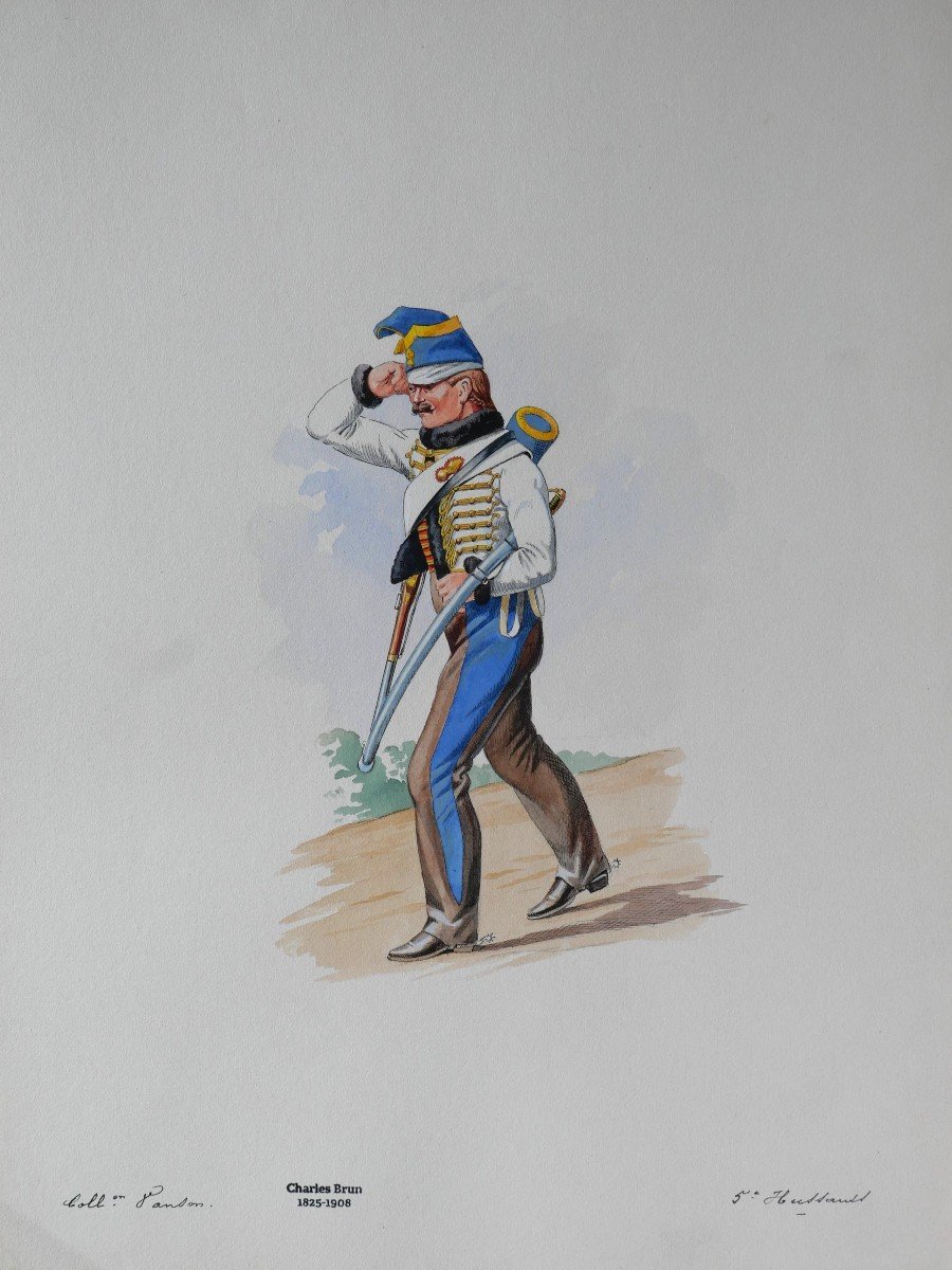 Charles Brun 1825-1908 Soldier In Uniform Of The 5th Hussars, Drawing, Napoleon, Empire-photo-3
