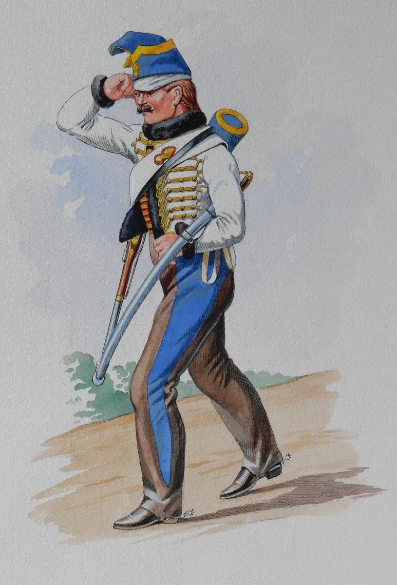 Charles Brun 1825-1908 Soldier In Uniform Of The 5th Hussars, Drawing, Napoleon, Empire