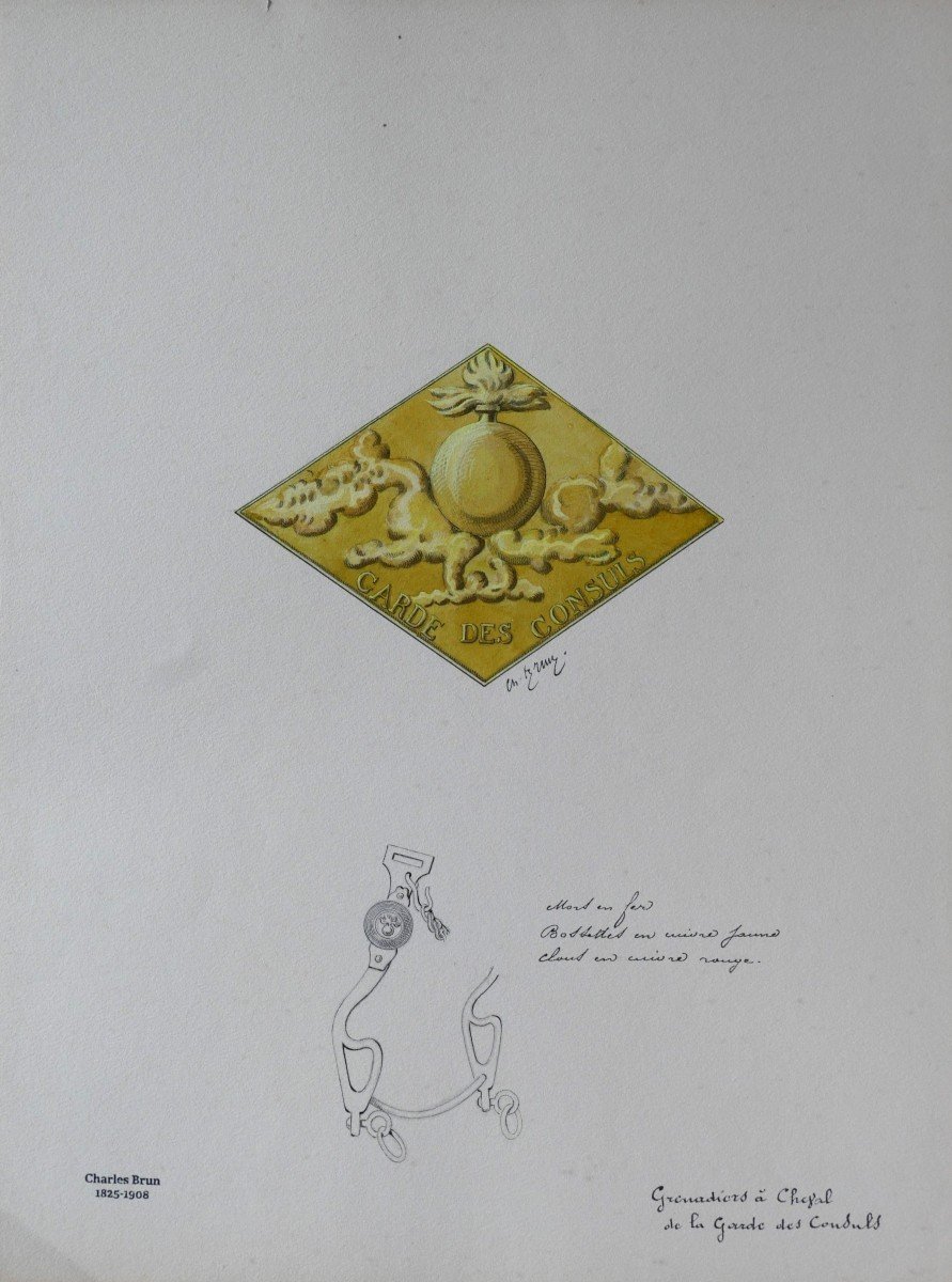 Charles BRUN 1825-1908 Insigne d'uniforme de la Garde des consuls, dessin, Napoléon, Empire-photo-2