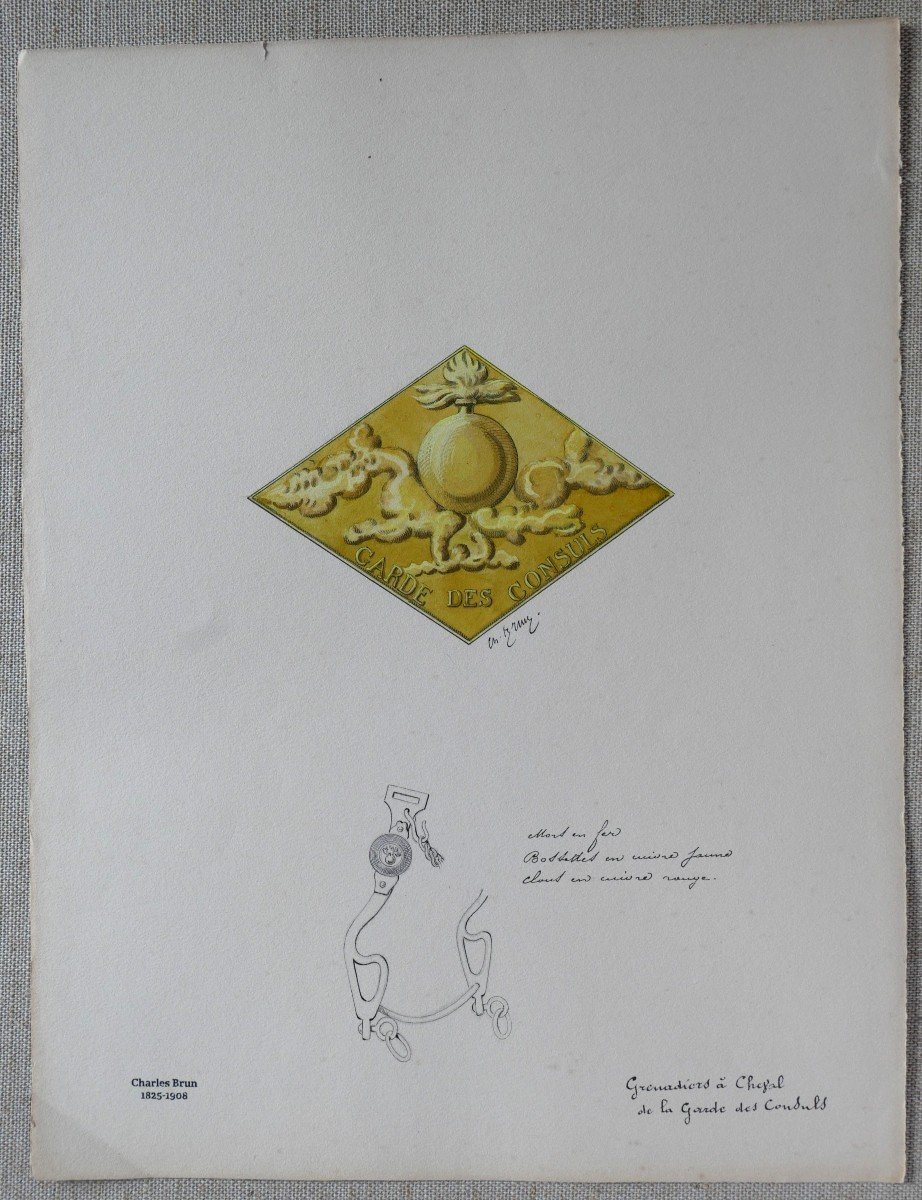 Charles BRUN 1825-1908 Insigne d'uniforme de la Garde des consuls, dessin, Napoléon, Empire-photo-3