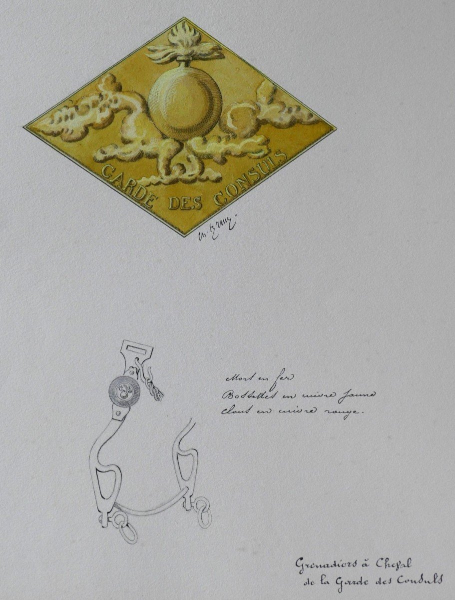 Charles BRUN 1825-1908 Insigne d'uniforme de la Garde des consuls, dessin, Napoléon, Empire