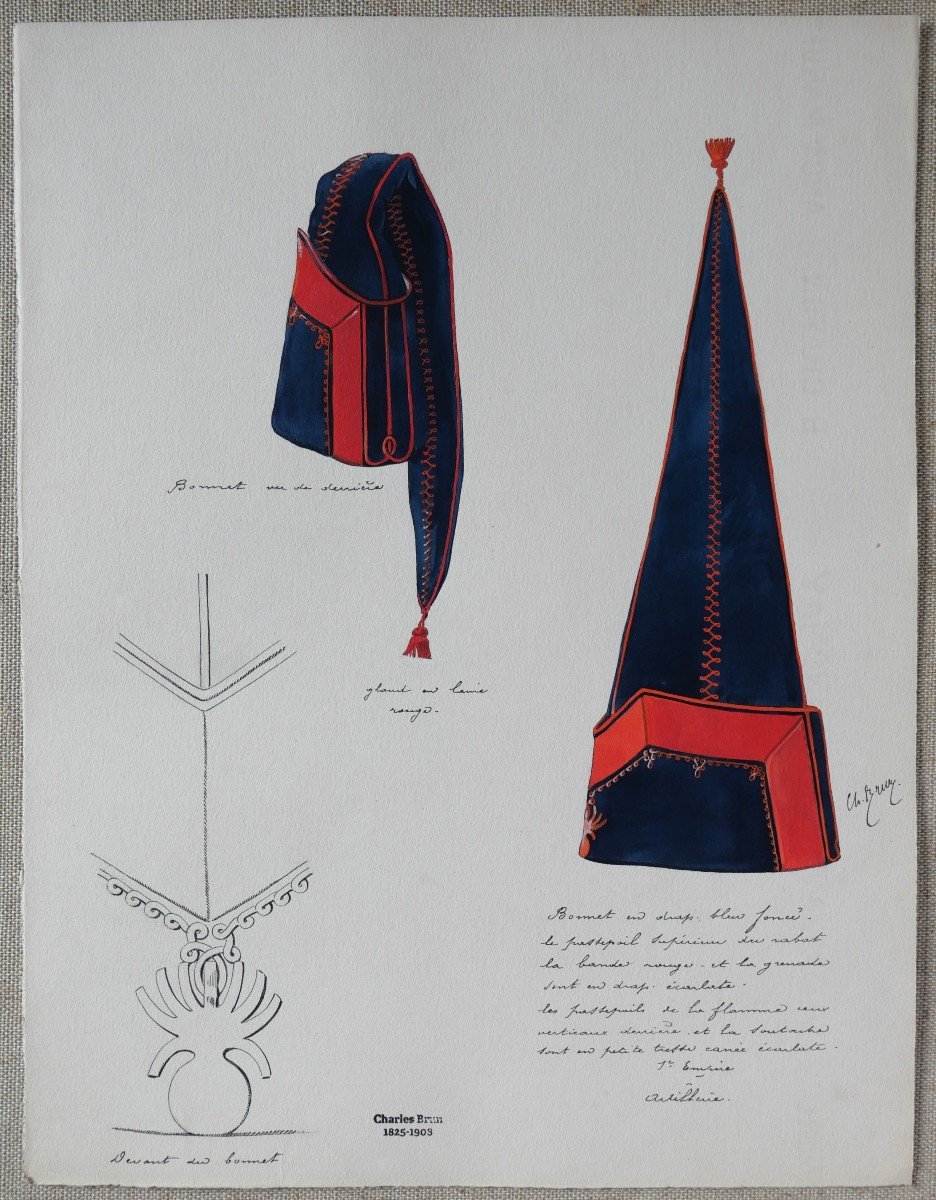 Charles BRUN 1825-1908 Bonnet d'uniforme d'artilleur du 1er Empire, dessin, Napoléon-photo-2