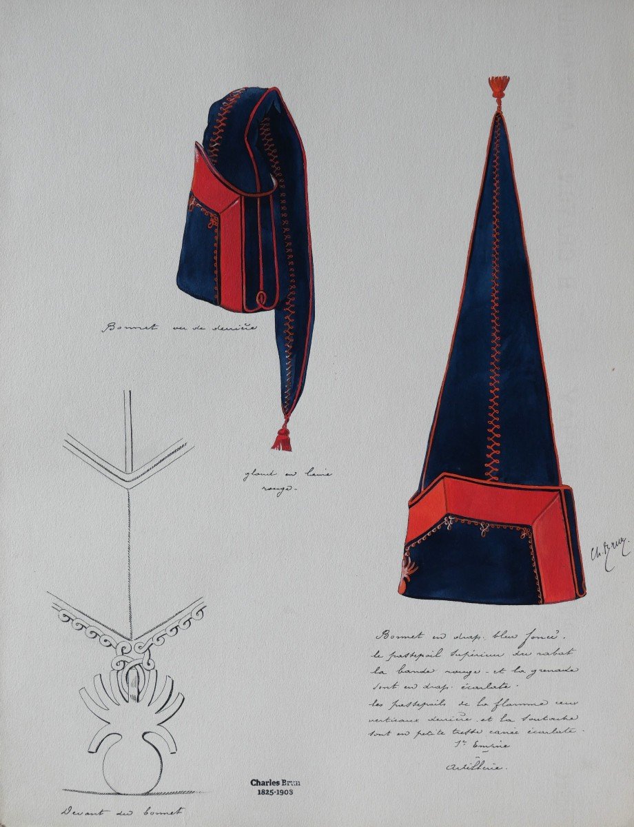 Charles BRUN 1825-1908 Bonnet d'uniforme d'artilleur du 1er Empire, dessin, Napoléon-photo-3