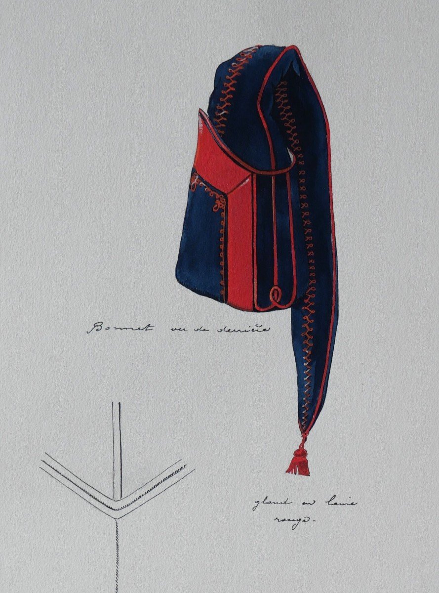 Charles BRUN 1825-1908 Bonnet d'uniforme d'artilleur du 1er Empire, dessin, Napoléon-photo-4