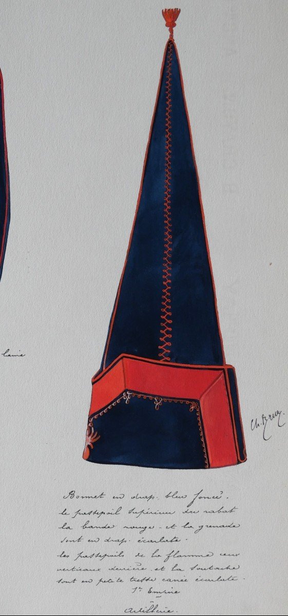 Charles BRUN 1825-1908 Bonnet d'uniforme d'artilleur du 1er Empire, dessin, Napoléon-photo-1