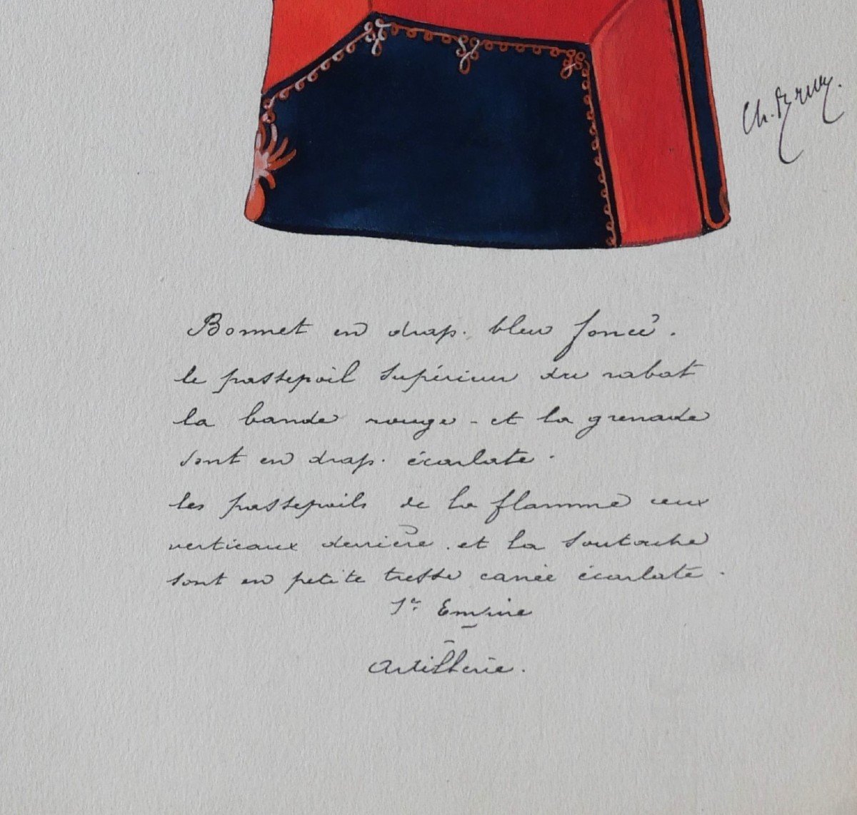 Charles BRUN 1825-1908 Bonnet d'uniforme d'artilleur du 1er Empire, dessin, Napoléon-photo-3